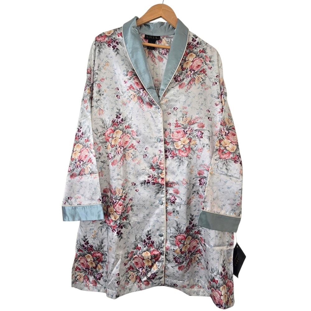 Aria Kumar Floral Satin Nightshirt Womens L Pajama Sleep Shirt Cottagecore NWT